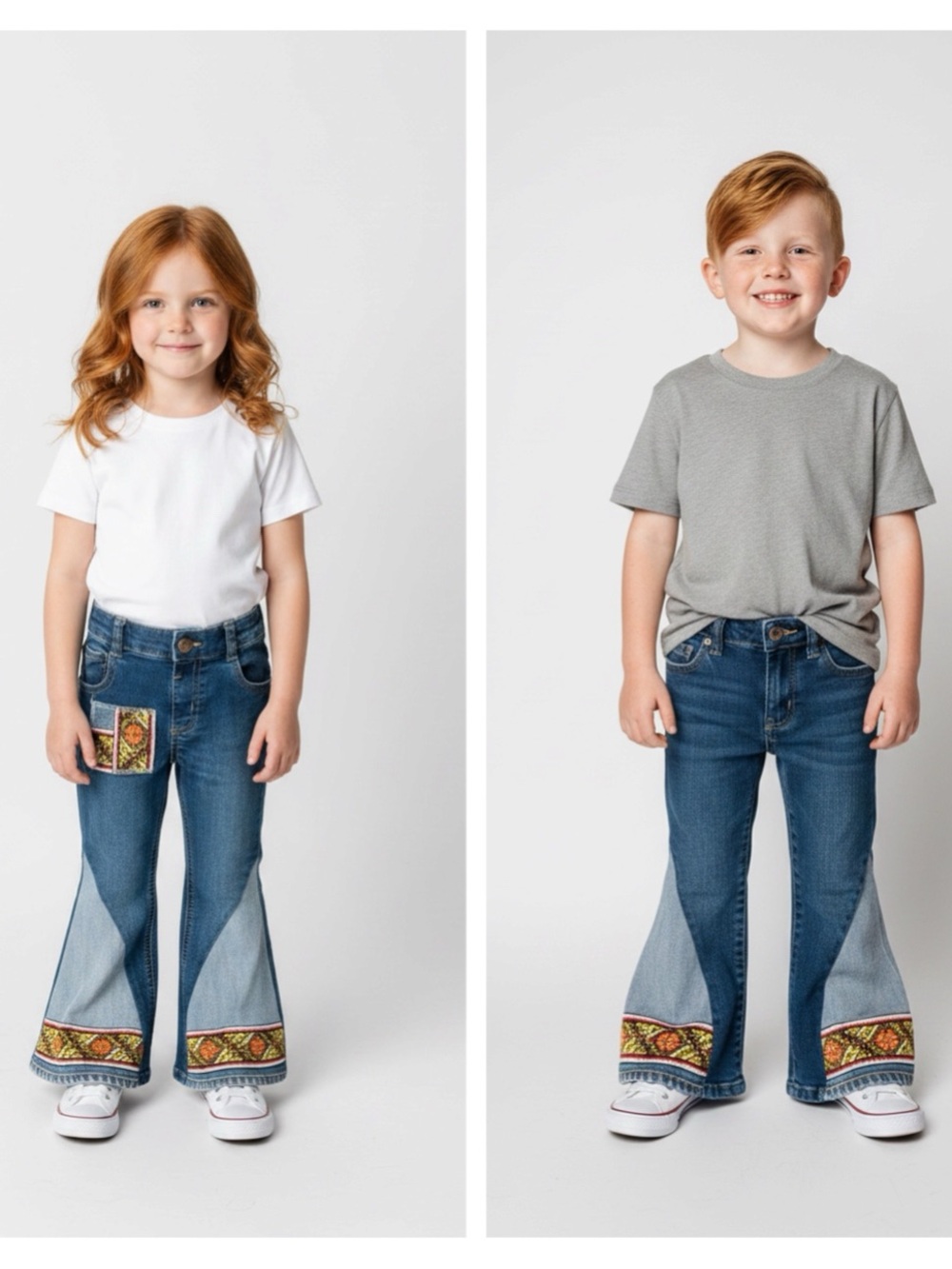 Kids Blue Flared Jeans with Embroidered Patch and Embroidered Trim